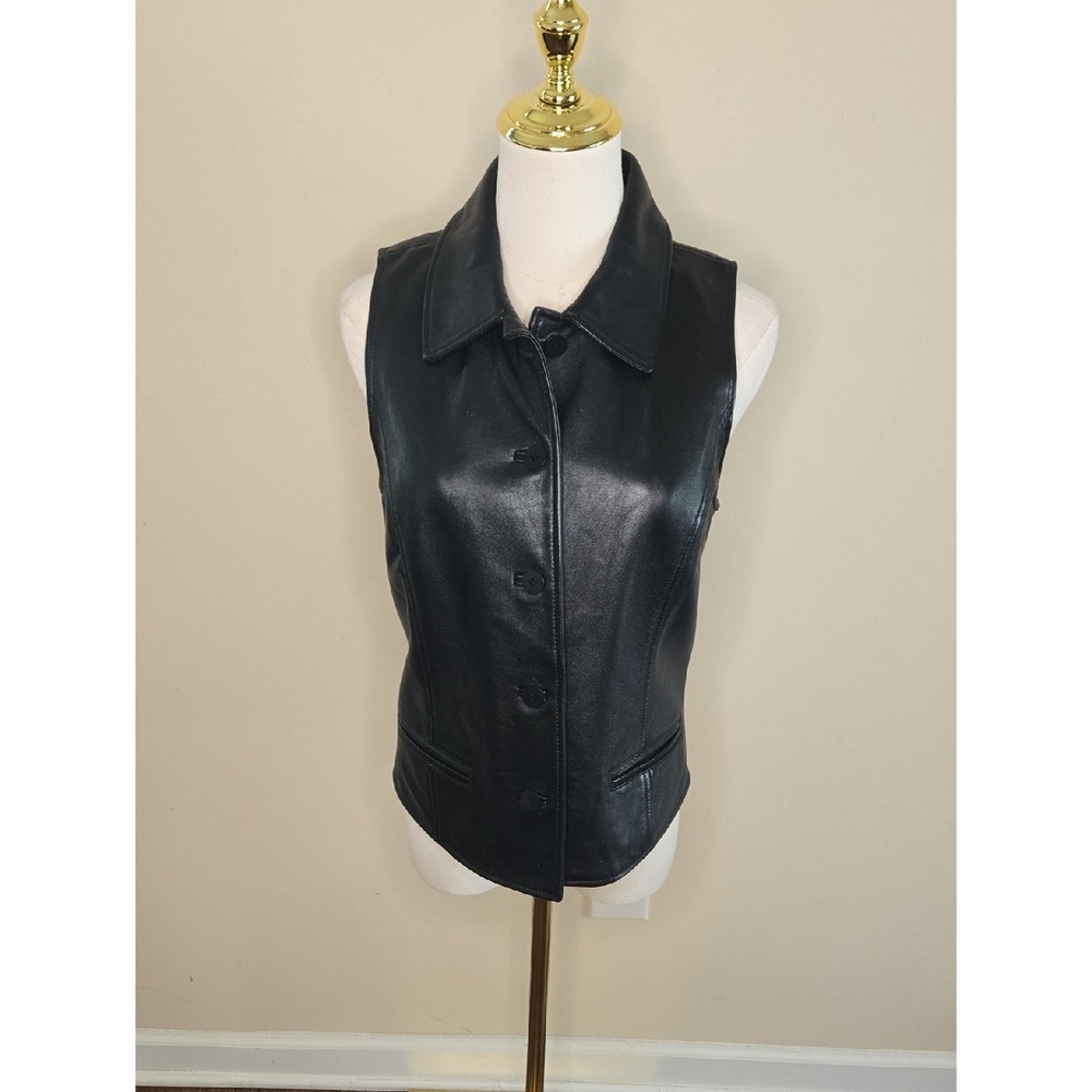 Vintage Ann Taylor Black Leather Vest Western Festival 90s Moto Cowgirl Layering